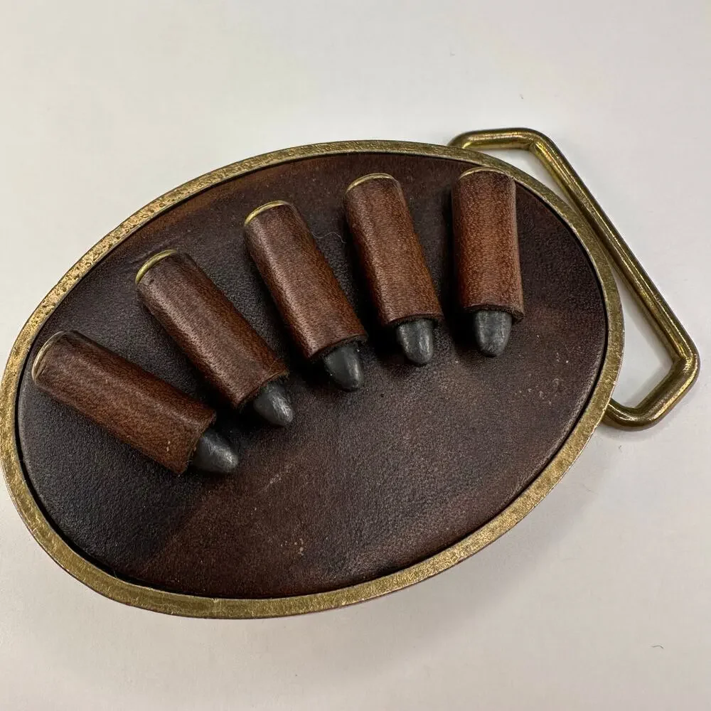 Vintage 1970’s BTS Leather and Brass .22 Caliber Cartridge Slide Belt Buckle